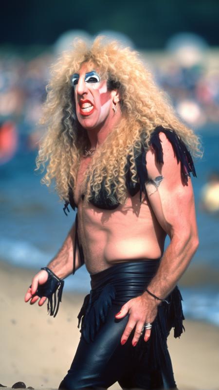 twisted sister dee snider, walking on the beach, bokeh, photorealistic, analog film, nikon dslr