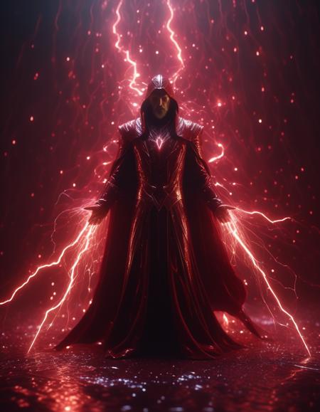 stablishing shot,powerful wizard,deep red and dark Color Scheme,cinematic, ethereal glow,lightning sparkles,fluid shapes,evocative,High Resolution