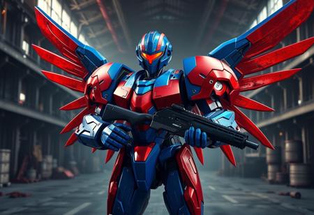 Ultra detailed cinematic 4K Octane render, Unreal Engine 5, trending on Artstation. Vibrant blue Machine Angel robot with striking red metallic armor, red visor, holding a black weapon, confident dynamic pose, standing in a vast stark industrial factory. Captivating dramatic lighting, sharp lines, splash ink illustration elements, matte painting aesthetic, Golden Ratio composition. CGSociety.