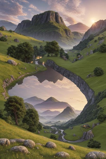 lush grassy highlands under a glowing twilight sky, alien planets visible in the distance, floating stones hovering above hills, sparkling rivers winding through fields, surreal and peaceful, fantasy-scifi hybrid environment