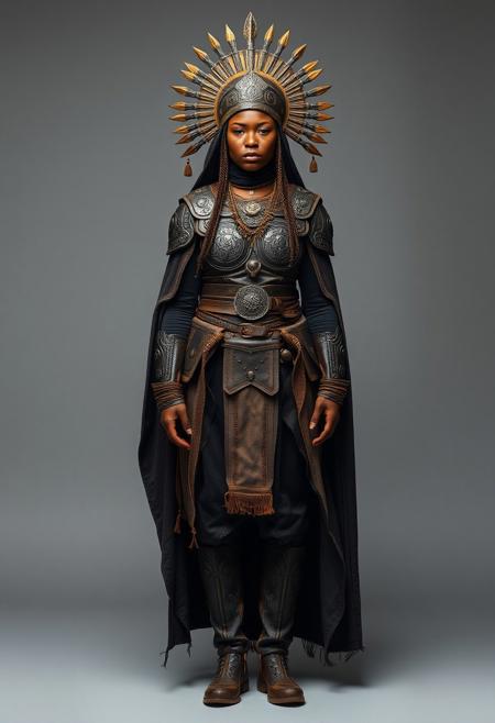 symmetrical front view, standing pose, ancient islamic female warrior, african skin, tribal make up, she wears a sexy leather armour, she wears a tribal necklaces, she wears dark old and dirt clothes, she wears leather tall boots, she wears long cape, she wears a great and oppulent headpiece, neutral grey background