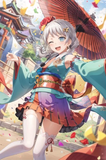 <lora:EveWakamiya-10:0.8>,wakamiya eve, 1girl, solo, looking at viewer, smile, open mouth, blue eyes, hair ornament, thighhighs, braid, flower, white hair, outdoors, detached sleeves, one eye closed, japanese clothes, day, hair flower, wide sleeves, kimono, white thighhighs, sash, umbrella, obi, floral print, ;d, oil-paper umbrella, confetti, architecture, east asian architecture, sleeveless kimono