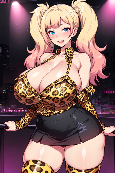 (Masterpiece), Yariko (JK Bitch ni Shiboraretai), (huge breasts:1.35), (wide hips), (thick thighs), (blonde to pink hair), (two tone hair), (blue eyes), (gyaru), (leopard print shirt:1.4), (bare shoulders, cleavage), (black miniskirt:1.4), (high twintails), (long hair), (cowboy shot), (nightclub), (smile), (open mouth, half closed eyes:0.8), (looking at viewer), (blush:1.2), (thighhighs:1.4)