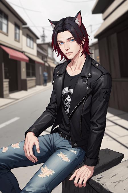 Chris_Xvoor,  1boy,  male focus,  solo,  looking at viewer, ,  blue eyes,  black hair,  animal ears,  sitting,  jacket,  red hair,  outdoors,  day,  pants,  cat ears,  blurry,  black jacket,  torn clothes,  blurry background,  denim,  jeans,  leather,  torn pants,  leather jacket,  torn jeans,  denim jacket,  upper body,  specular highlights,  detailed face,  detailed eyes,  detailed hair,  textured hair,  rim lighting,  extreme light and shadow,  masterpiece,  official art,  portrait, <lora:EMS-47371-EMS:0.500000>