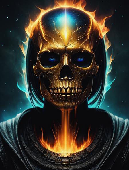 ultra detailed artistic photography, midnight aura, night sky, nebula, detailed evil demon skull on fire, glowing, backlit, glamour, glimmer, shadows, oil on canvas, brush strokes, smooth, ultra high definition, 8k, unreal engine 5, ultra sharp focus, art by alberto seveso, artgerm, loish, sf, intricate artwork masterpiece, ominous, matte painting movie poster, golden ratio, trending on cgsociety, intricate, epic, trending on artstation, by artgerm, h. r. giger and beksinski, highly detailed, vibrant, production cinematic character render, ultra high quality model