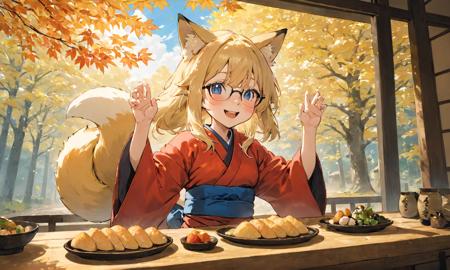 masterpiece, best quality, ultra-detailed, illustration,
1girl, glasses, blonde hair, long hair, fox ears, miko, hakama, smile, closed mouth, arms up, happy, pupils sparkling, 
oinarisan, food, still life, food focus, realistic, plate, leaf, table,
tatami, shouji, window_shade, blue sky, tree, wide shot, 
 <lora:oinarisan_SDXL_V1:1>