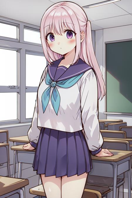 1girl, classroom, cowboy shot, 
kashiwada, purple eyes, pink hair,  long hair, bangs, sidelocks, blush, school uniform, serafuku, neckerchief, sailor collar, long sleeves, pleated skirt, <lora:kashiwada_lora_ver1:0.8>, best quality, masterpiece, highres, <lora:GoodHands-vanilla:1>