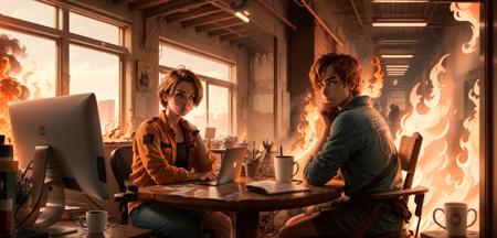 <lora:this-is-fine:1>, this is fine, this-is-fine, comic, english text, (masterpiece:1.5), illustration, 4k, 8k, (high quality:1.1), highly detailed, detailed face, HDR, vivid colors, office building, cup of coffee, sitting, panels, fire, laptop