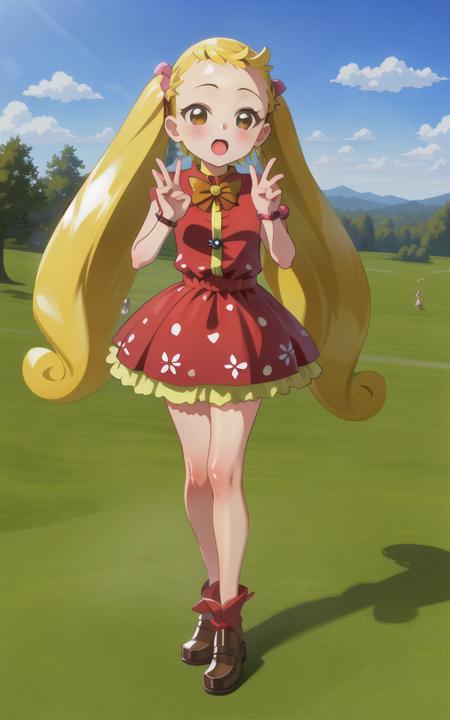 (little girl), (masterpiece), highest quality, ((high detail:1.2)), (HDR), (cinematic light:1.1), highres, (makihatayama_hana), 1girl, (full body), blonde hair, long hair, hair intakes, brown eyes, dot nose, (idol clothes:1.5), (red dress), blue sky, park, <lora:hana_makihatayama:0.8> , (model pose)