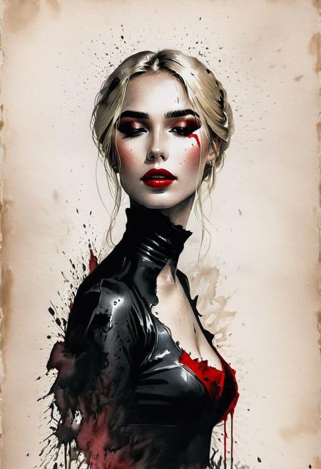 RAW profile photo, close-up, dark atmosphere, masterpiece, cinematic film still of a blonde beautiful woman, detailed eyes,eyeliner, darkred lipstick, black lace turtleneck dress, tack sharp focus on eyes, Sensual, lustful, seductive,  intricate, ultra detailed, 8k, <lora:MS_DitavT_V1_32:0.6>