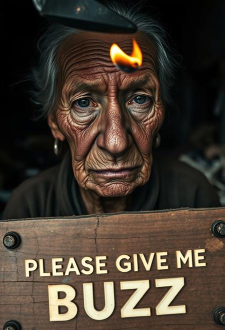 “An elderly woman with deeply wrinkled, weathered skin is captured in a close-up using a 50mm Panavision Prime lens, revealing every intricate detail of her face. Dramatic lighting casts heavy shadows, highlighting the sorrow and exhaustion etched into her features. Her eyes, full of suffering, speak to years of hardship. In the background, softly blurred, a decaying slum looms with crumbling walls and debris. At the lower part of the image, a cracked wooden panel with rusted nails holds bold, capital letters carved into the wood, reading ‘PLEASE GIVE ME BUZZ.’ The text, in a pastel color, blends with the wood grain, intensifying the gritty, distressed atmosphere. Above it, a flickering flame dances from a fire iron, momentarily illuminating the writing as it sears the wood, creating a poignant, ironic contrast to the somber mood.”