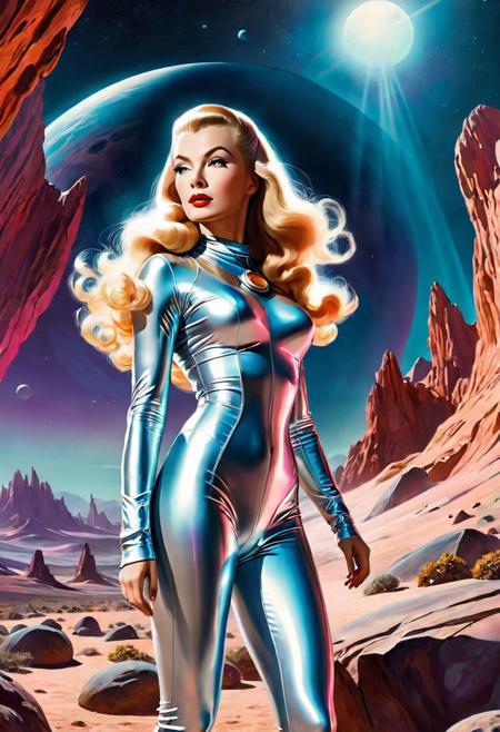 veronica lake as Barbarella. photorealistic retro futuristic Sci-fi Illustration, A female astronaut exploring an alien landscape, wearing a transparent translucent plastic latex space suit low cut, bare midriff, on a rocky extraterrestrial planet, under dramatic lighting, side angle, retrofuturism, vibrant colors, fluid and expressive strokes, surreal perspective, unusual architecture, retro scifi alien landscape background, bright, retouched, 16k resolution concept art : fantasy magazine cover art, detailed,