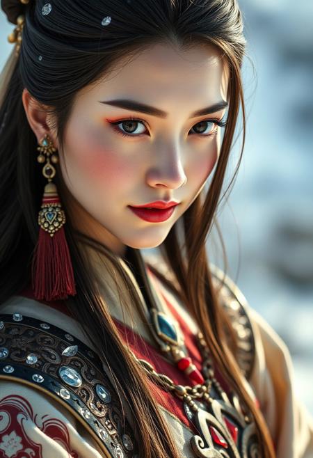 symmetrical full shot of a mongolian warrior girl, long hair, black hair, jewelry, red eyes, makeup, red lipstick, pale skin, white skin, armour, earrings, wearing elegant costume, in the moutains at winter, winter, snow in the background,  skin texture, best quality, ultra-detailed, analog style, cinematic light, sidelighting, ultra high res, small smile, closed mouth, Kang-Jin Star, Wukong