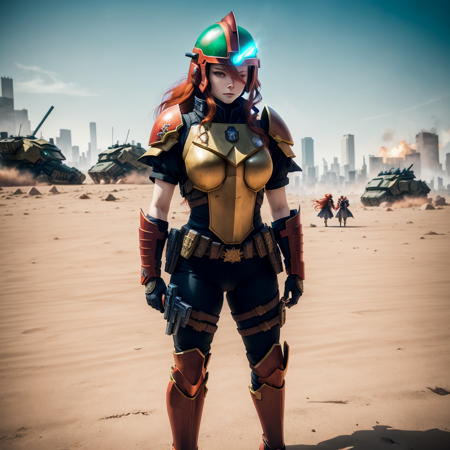 photo, TimeSocietyTomoe style a woman with long red hair and green eyes standing in front of a, Judge Dredd, wearing Judges Armor and helmet fighting crime in Mega City One, Chin sticks out under the helmet <lora:djzJohnsonDesuV15-Zenkai-256:1>