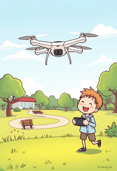 a fast drawn toon sketch of a flying drone high over a park and a happy kid on the ground with a controller