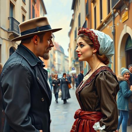Masterpiece, Impressionist painting of man talking to woman on a busy street in a bygone era in Europe. Traditional clothing, beautiful profiles, traditional headware, impressionism