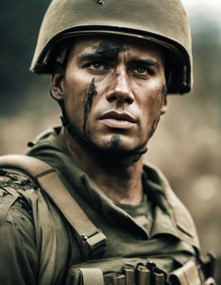 movie still of a army soldier in combat, war paint, grungy, battle scarred