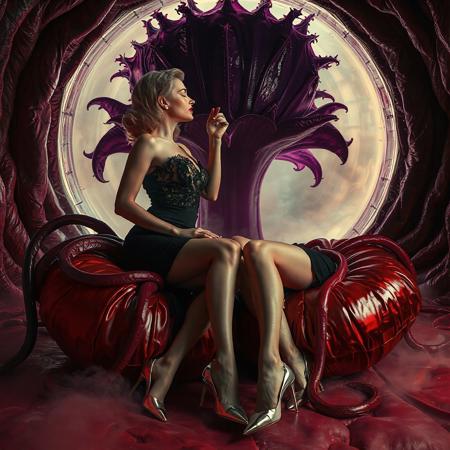 tree ladies, two sultry slender norvegian ladies in a whorish black lace camisole  kissing and touching  from left and right  young 1950s  blonde secretary , wearing glossy high heels, entangled in long tentacles, reclined in weird red foil pillows, covered with giant ultrathin transparent slime veils,   giant portal to outer space, fog from the floor, giant purple alien carnivorous flower with glossy spiked petals at background, weird alien hive slime walls and fleshy floor, horror, reminiscent of H.R. Giger, Zdzisław Beksinski, and Ash Thorp's dark, sleek styles, with close-up glamour photography, glossy satin and silver heels glistening, fleshy slime dripping, and dark shadows.