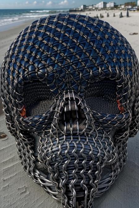 (utltra-detailed, masterpiece, best quality, high resolution:1), ((scary horror chainmail skull)) on daytona beach, sunny day ,  <lora:chainmail-step00004250:1>