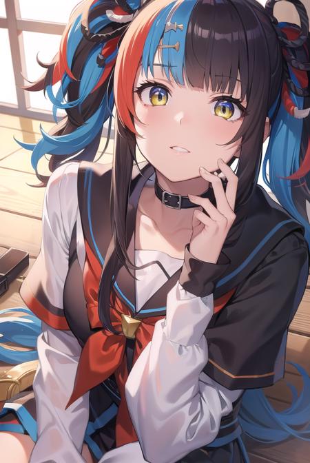 sei shounagon, aqua hair, black hair, blunt bangs, multicolored hair, red hair, twintails, (brown eyes:1.5), black sailor collar, black shirt, black skirt, choker, pleated skirt, puffy sleeves, sailor collar, shirt, skirt, bow, red bow,