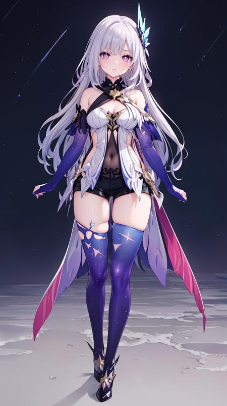 Skirk, hair ornament, bare shoulders, white dress, black short shorts, elbow gloves, thigh boots, high heels, starry sky print,