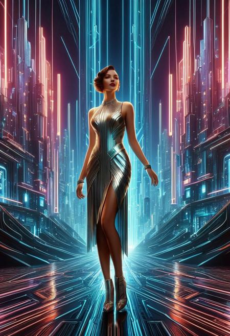 wm_cyber,
 Futuristic Art Deco Dystopia ,  sleek metallic dresses, glowing holographic jewelry, towering neon-lit skyscrapers, Art Deco-inspired cyberpunk interiors, blending old glamour with future surrealism
