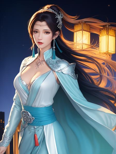 <lora:DPCQyunyunCF_20230801181044:0.8>,1girl, mature female, night, cityscape, looking at viewer, jewelry, long hair, hair ornament, dress, earrings, necklace, low ponytail, sash,cowboy shot, tassel earrings, forehead jewel,belt,capelet,armor, (shoulder armor:1.1), trim,long sleeves, open jacket, rope belt, collar,