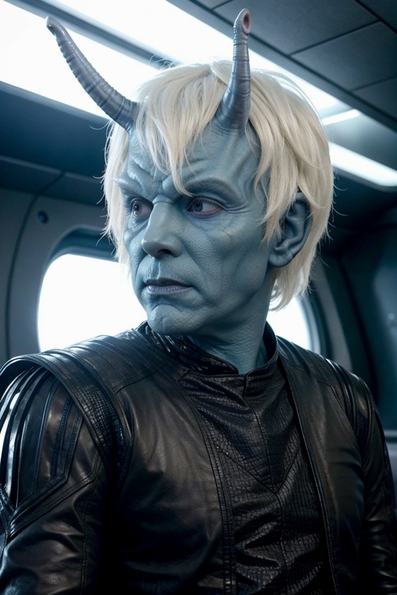 andorian man, (alien:1.25), white hair, blue skin, antennae, leather armor, scifi starship interior,  <lora:race_st_andori...