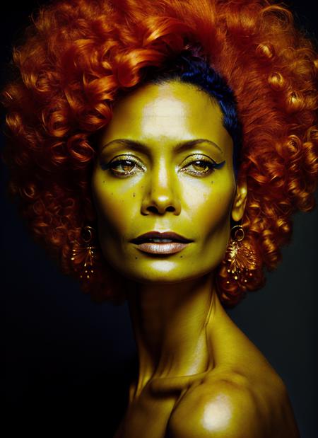 portrait of sks woman by Flora Borsi, style by Flora Borsi, bold, bright colours, orange Mohawk haircut, ((Flora Borsi)), <lora:locon_thandie_v1_from_v1_64_32:1.3>