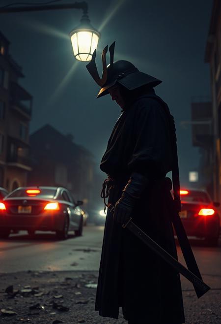 A modern-day samurai standing under a streetlamp, the blade reflecting the glow of passing cars, cinematic romanticism, dark surrealism, gothic atmosphere, vintage fashion, haunting narrative, dreamlike environments, crumbling interiors, surreal symbolism, emotional tension, dramatic lighting, romantic noir, expressive textures, abandoned architecture, moody color palette, isolated figures, psychological ambiguity, mysterious elegance, painterly realism, narrative surrealism, melancholic stillness