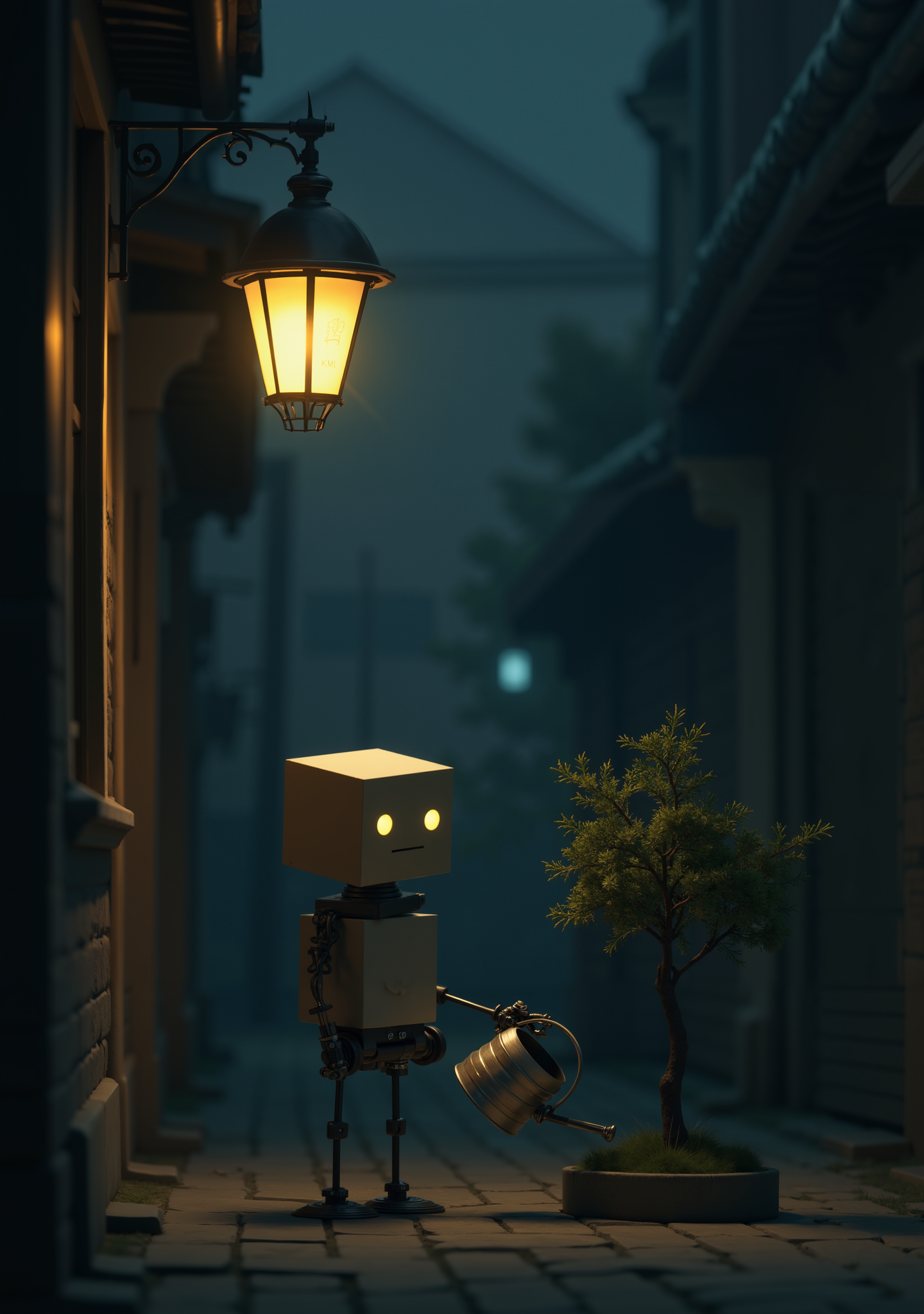 A small robot with a boxy body and head and with glowing yellow eyes, standing in a narrow alleyway illuminated by a streetlamp mounted on a building at night. The robot is holding a watering can and is in the process of watering a small tree. 