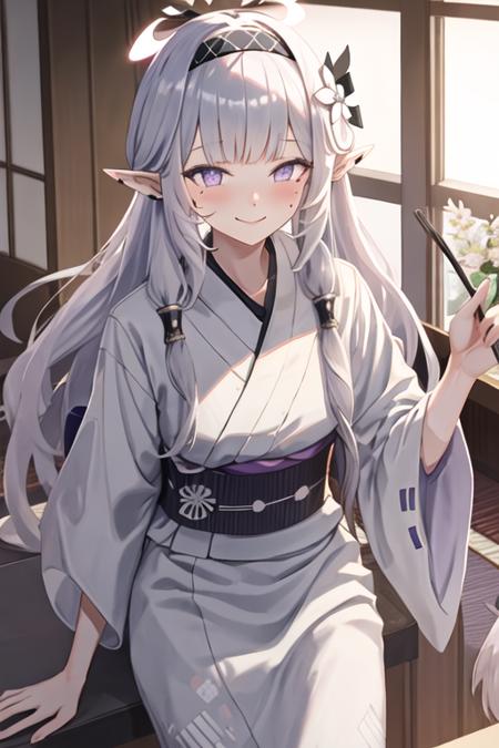 best quality, masterpiece, highres, solo, {yukata:1.40}, {kimono:1.20}, {himari_bluearchive:1.15}, long_hair, pointy_ears, hairband, hair_ornament, flower, hair_flower, halo, mole, mole_under_eye, hair_tubes, purple_eyes, blush, grey_hair, bangs, white_hair, smile, black_hairband