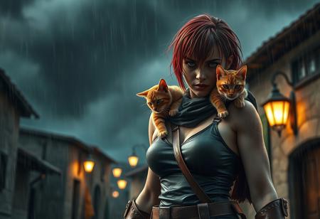 s0r0r1t@s, full body shot, Cinematic low-angle shot of a WH40k Sororitas, energetic walking in a small Mediterranean town under a heavy rainstorm. a small orange cat on her shoulder. She has a strong yet feminine athletic build, short wet red hair clinging to her head and cheeks, water droplets visible on her dirty face. her angry eyes meet the camera. Dramatic night with dark storm clouds filling the sky with some dark red spots, rustic lanterns glow dimly in the background, rain streaks visible in the warm lantern light. Cold dark but warm color grading, fine detail on skin pores and rain, 85 mm lens, f/1.8, high-resolution, photorealistic.
