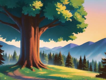 (best quality, masterpiece, illustration:1.1), forest, sunrise, giant tree,  <lora:NoiseFormBeta:0.9>,