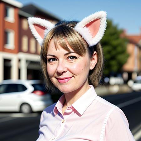A realistic an cute girl. She has cat ears and a beautiful and delicate white skin.
