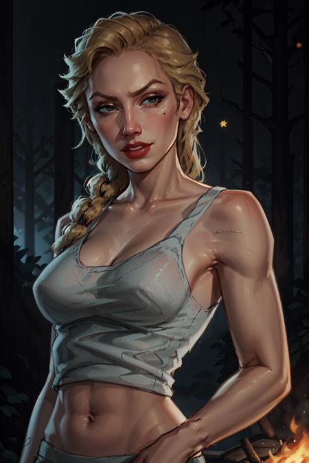 1girl, portrait of sinclair, parted lips, evil smirk, white tank top, night, stars, forest, campfire, looking at viewer, volumetric lighting, best quality, masterpiece, realistic, <lora:sxz-helga-sinclair-v6:0.8>