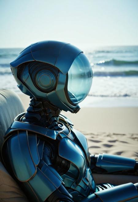 Side View, subsurface scattering, LiS_Robot By tim burton, sitting on a translucent sss blue plastic Air Couch at the ocean, Large waves, Sand,
atmospheric haze, Film grain, cinematic film still, shallow depth of field, highly detailed, high budget, cinemascope, moody, epic, OverallDetail, 2000s vintage RAW photo, photorealistic, candid camera, color graded cinematic, atmospheric lighting, imperfections, natural, shallow dof