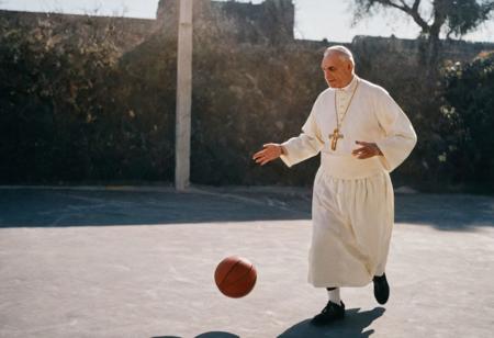 leica m3, 35mm Voigtlander lens, Portra 160/400, photo of an 48 old Italian Archbishop performing crossover with a basketball, high resolution, high contrast, natural  sunlight