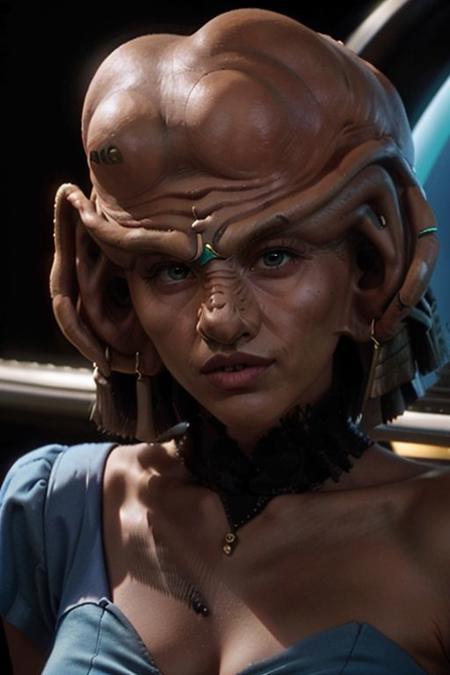 ferengi woman, Margot Robbie, big ears, bald, forehead, dark skin, brow ridge, earrings, blue dress, headgear, <lora:race_st_ferengi:0.7>