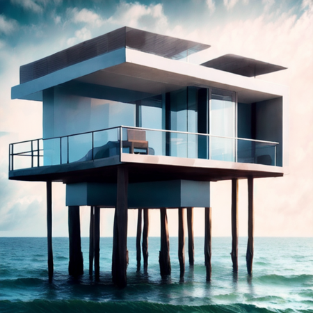 photo, a house on stilts in the ocean (ModernCity style:1) <lora:djzModernCityV21:1>