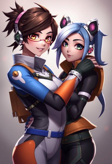 Tracer from Overwatch and Jinx from League of Legends holding each other whilst staring at the viewer