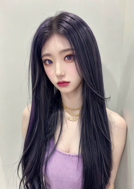 1girl, solo, upper body, looking at viewer, white background, light long hair, makeup, parted lips, black hair,  necklace, gold, eyeliner, <lora:add_detail:0.6> , ((purple eyes)),  <lora:Chaeryeong-01:1>