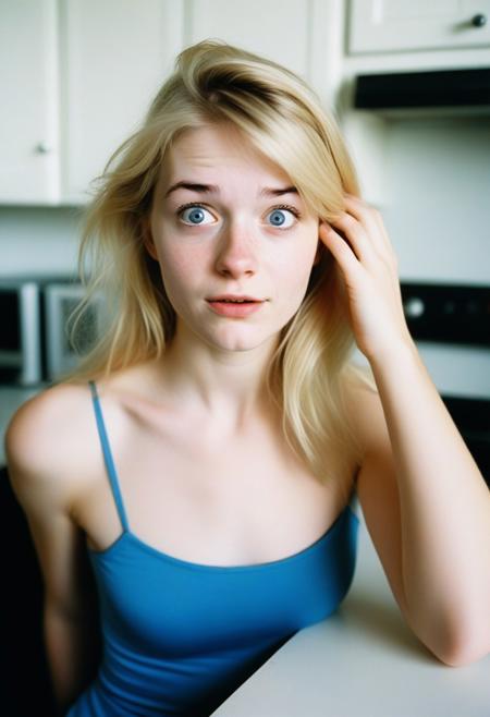 amateur analog photography, 23-year-old female, Supergirl, Caucasian, blonde hair, long hair, blue eyes,
Face portrait, looking at viewer, [tight medium shot], leaning over kitchen counter, elbow resting on counter, hand on her chest, (((hand tucking hair behind ear))), swept bangs, flirting, surprised expression, confused expression, flustered expression, smirk,
pale white skin, (moles:0.2), saggy boobs, dark puffy nipples, small breasts, (messy hair:0.5),
[[extreme bokeh, RAW, 16mm, color graded portra 400 film, remarkable color, ultra realistic, remarkable detailed pupils]], [[[[[skin pores, skin fuzz, skin imperfections, realistic dull skin noise, textured skin, visible skin detail, dry skin]]]]]