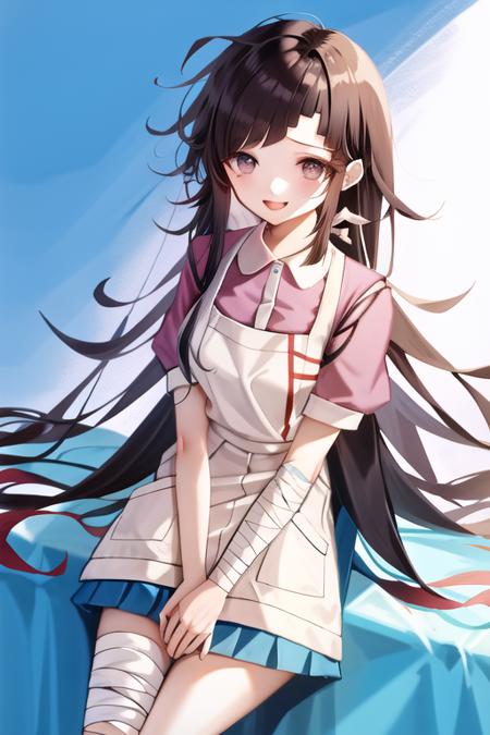 <lora:MikanDG:1>, 1girl, solo, messy hair, bandages, apron, shirt, short sleeves, bandaged leg, puffy sleeves, pink shirt, official style, blue skirt, smile, puffy short sleeves, pleated skirt, bandaged arm, white apron, collared shirt, classroom,