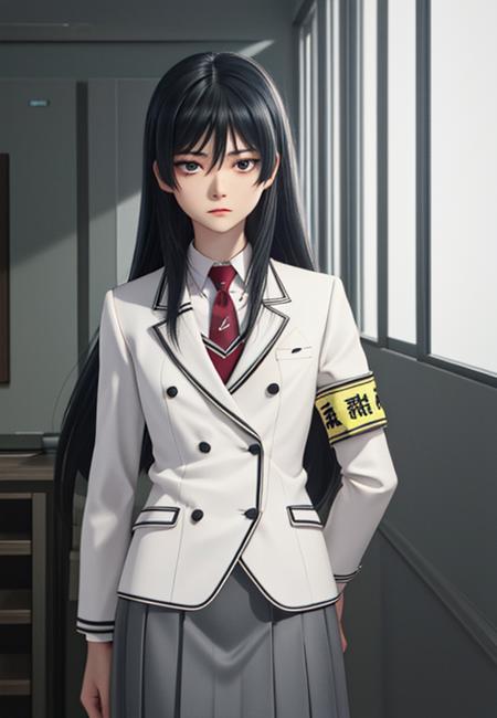 Oboro necktie, necklace, white shirt, white jacket, gray skirt androgynous, otoko no ko long hair arm band