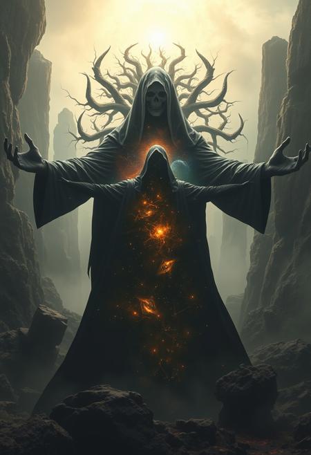 A universe inside a dark cloaked figure within mysterious landscape in an unfathomable realm of fantastic creation inhabited by ancient shadows of a forgotten time beyond the gate of the gateless gate where life is limitless, light is shadow and shadow is light, eerie sense, horror, spark of the beginning, existence and nonexistence at once, ethereal, outstretched arms, behold the end of the beginning, inglorious glory to the dark one, betrayal of the ancient order, beware the 7headed beast, destroyer of the old ways, bearer of the unbearable, nightmarish, archaic runes, tree aging backwards, breath of the gods, ruins of a place unimagined, extreme intricate detail, photorealistic, beyond epic scene, fate discarded, unseeable face of god