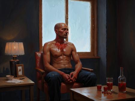 a painting (((in style of lumispot))) of a man sitting with his hands in blood, <lora:lumispot_merge_2:0.7>