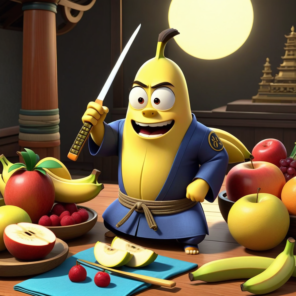 cinematic shot of a samurai banana slicing fruits in the 3d cartoon style of Pixar and disney