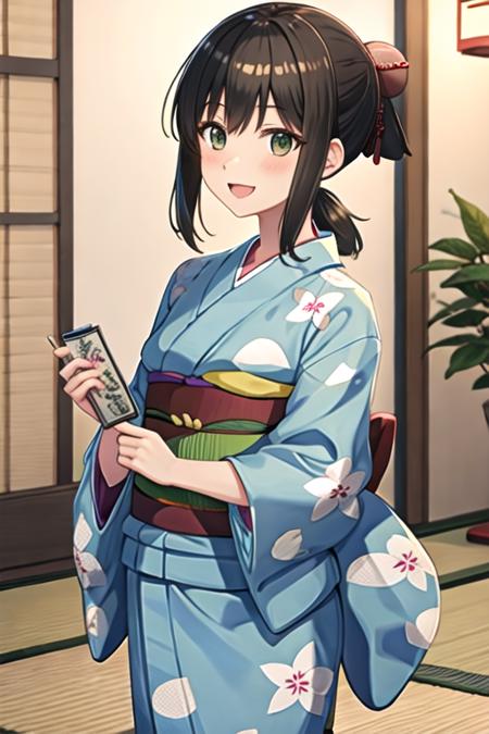 best quality, masterpiece, highres, solo, {yukata:1.40}, {kimono:1.20}, {fubuki_kantaicollection:1.15}, black_hair, ponytail, short_ponytail, serafuku, sidelocks, low_ponytail, smile, green_eyes, open_mouth, blush