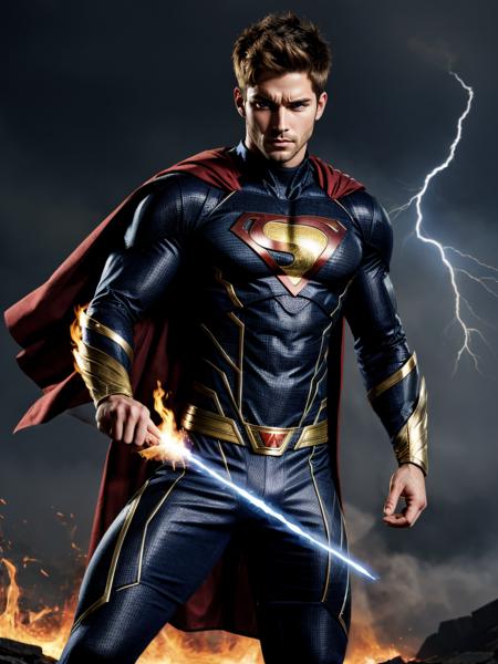 male superhero with magical abilities, conjuring elements like fire and lightning, emanating an aura of mystique.